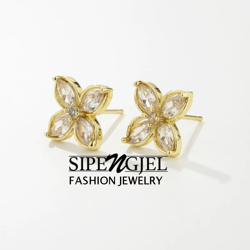 SIPENGJEL Fashion Shiny Crystal Flower Shape Stud Earrings Women Geometric Korea Gold Color Earrings Party Jewelry