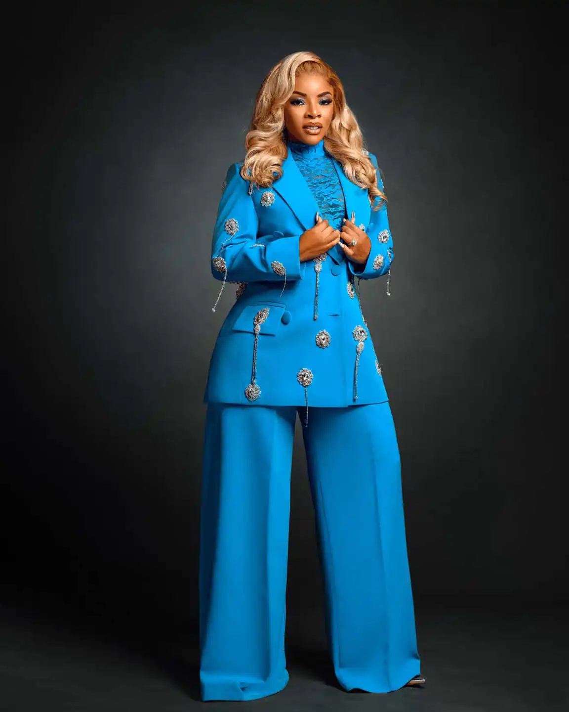 Vintage Crystal Women Suits Dresses Double Breasted Party Gown Loose Pocket Jacket Customized Power Blazer 2 Pieces