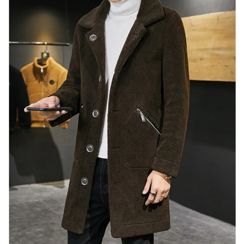 Reversible Winter Jacket Men Black Brown Suede Fleece Warm Coat Men Faux Fur Coat Long Thick Jacket Mens Wool Blend Trench Coat