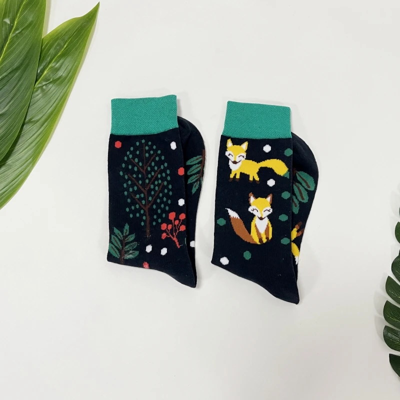 1 Pair Forest Plant Cute Fox Pattern Personalized Fashion AB Style Men\'s Mid-Calf Socks Suit In All Seasons