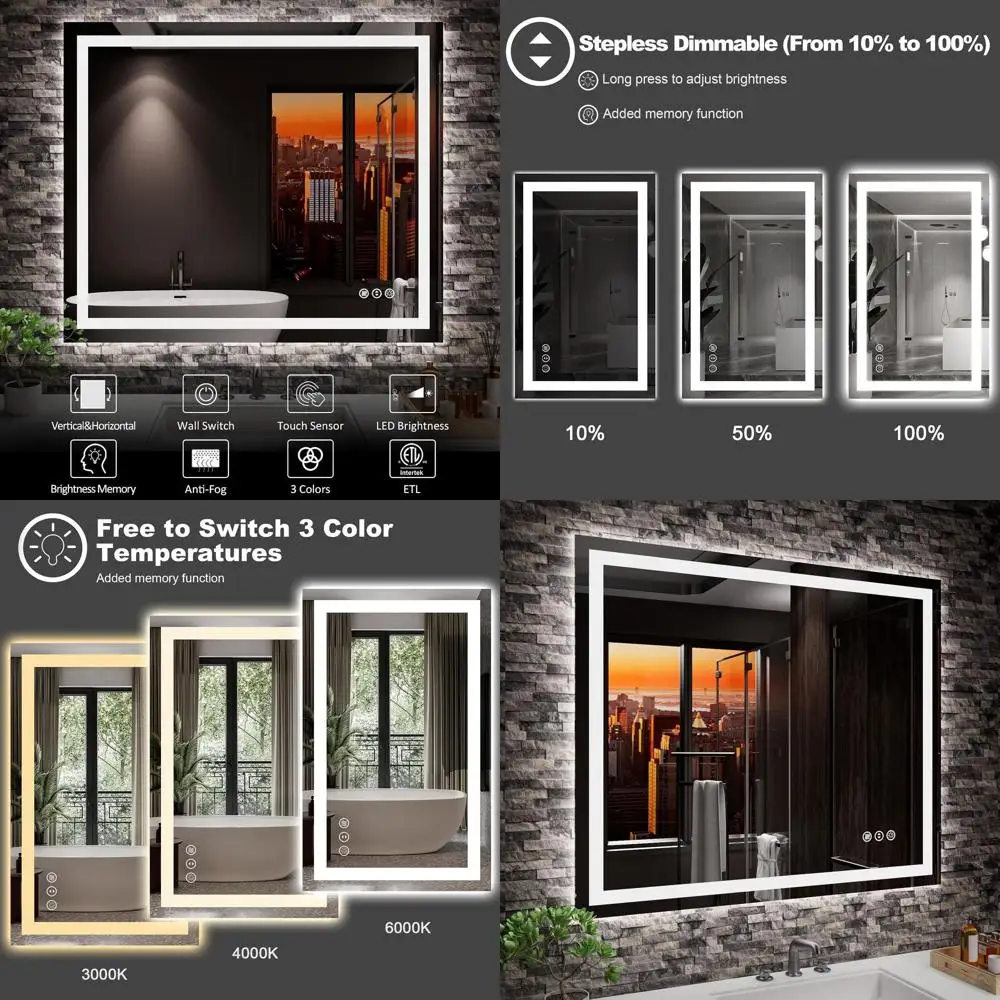 

Зеркало для ванной комнаты со светодиодной подсветкой 36x30 и передним освещением, подсветкой, бесступенчатой регулировкой яркости, противотуманное, небьющееся, с эффектом памяти, 3 цвета, настенное крепление