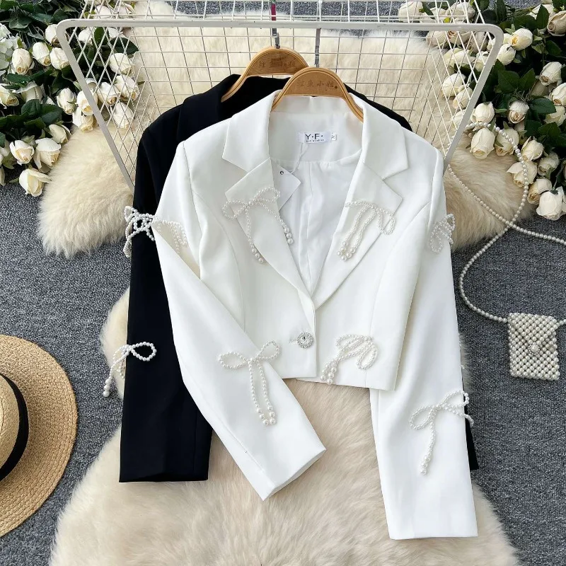 

Female Autumn Spring Tops Coat Suit Bow Pearl Retro Simple Brand New Leisure Design Fashion Senior Soft Minority Versatile Thin
