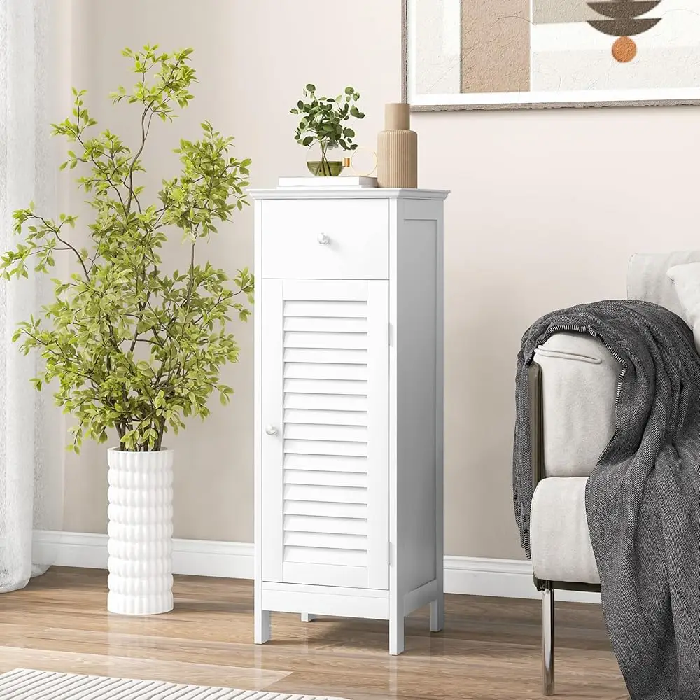 

Bathroom Storage Cabinet, Single Door Storage Organizer W/ 1 Drawer & Adjustable Shelf, Freestanding Narrow Slim Floor Cabinet