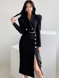 Conjunto de traje de 2 piezas para Mujer, abrigo corto informal Formal, falda dividida, color negro, elegante, Primavera