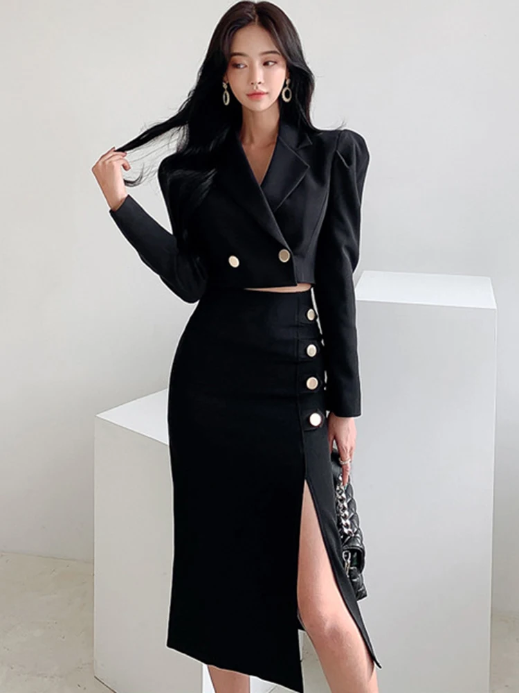 Spring Elegant Black 2 Pieces Outfits Women Lady Chic Temperament Formal Casual Short Cropped Coat Split Skirt Suit Sets Mujer