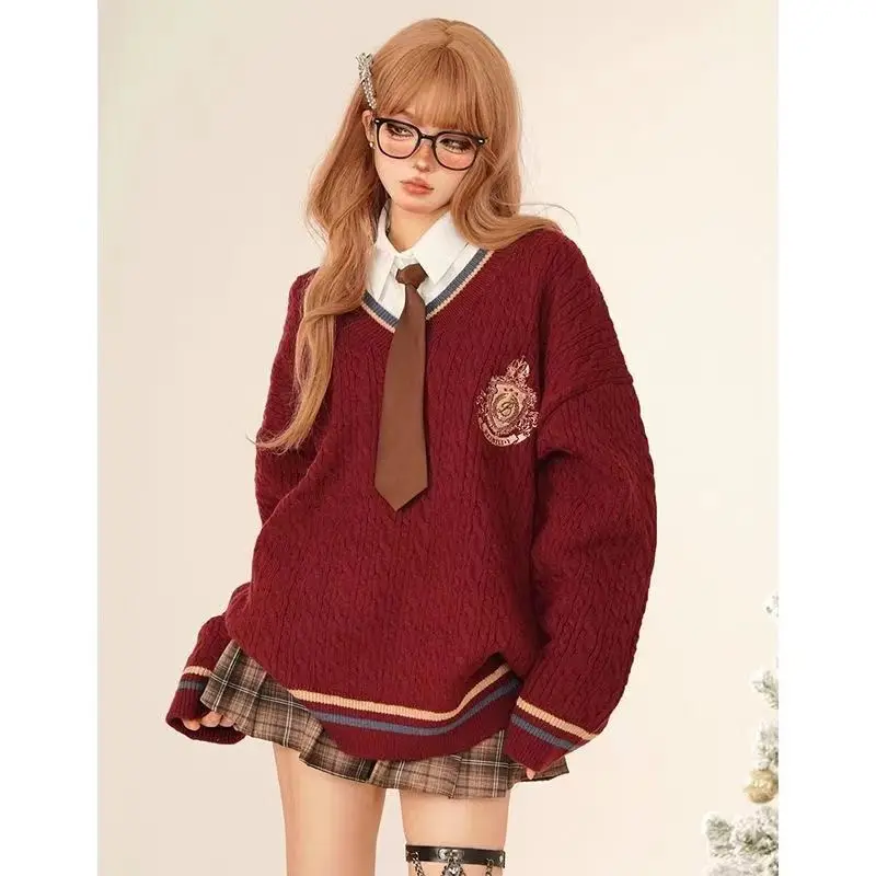 Autumn Winter New Style Christmas College Sweater Shirt Show Thin Pleated Skirt three-piece Suit Women Sexy Jk Uniform Set