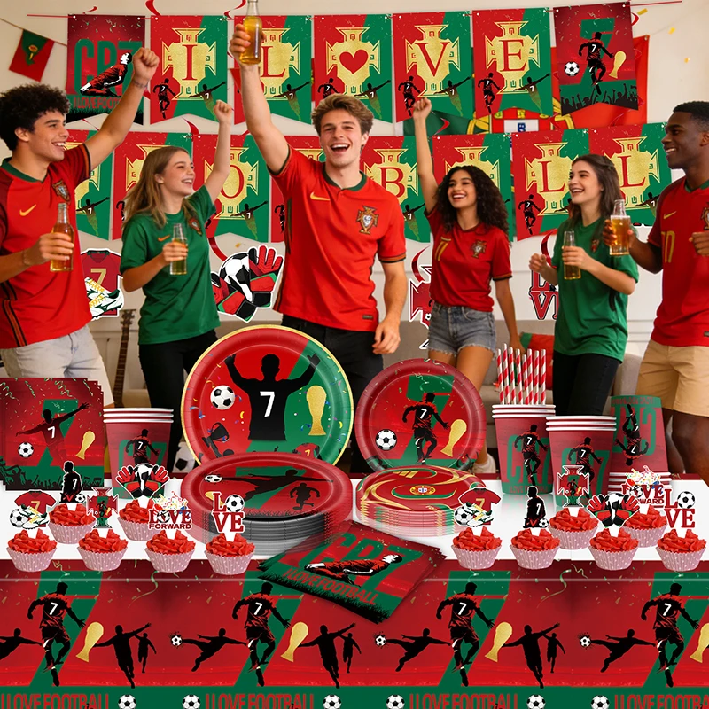 Image of Fußball-Geburtstagsparty-Dekoration CR7 Teller-Becher-Set Jungen-Geschenke Fußballfans Foto-Requisiten Hintergrund Ballon Tortendekoration Geschenktüte