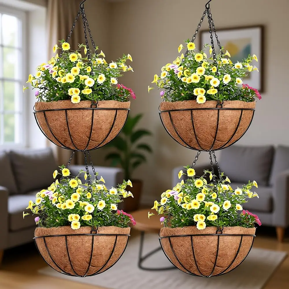 

Набор из 4-х металлических подвесных кашпо диаметром 14 дюймов с круглым проволочным дизайном и тканевыми вкладышами для сада, патио, террасы, веранды