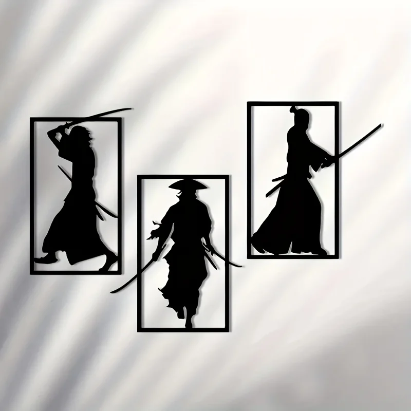 2D Flat 3pcs Samurai Metal Wall Art, Japanese Style Wall Decor Set for Home