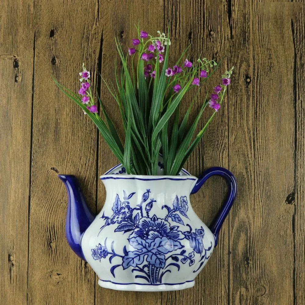 Chinese Jingdezhen Ceramic Vase Hand drawn Flower Bird Teapot Hanging Bottle Wall Hanging Half Bottle Decorative Pendant Vase