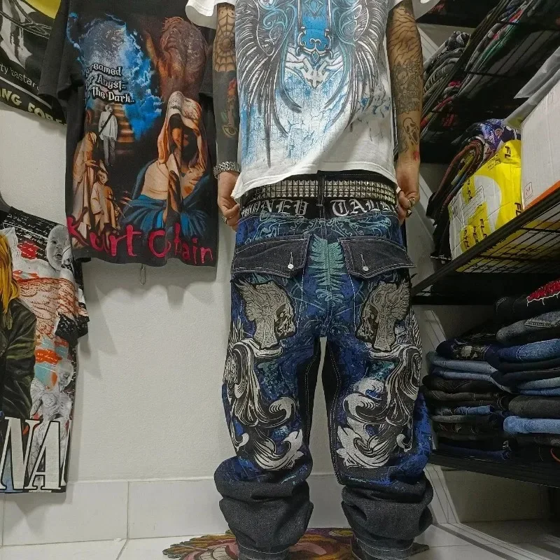 Celana jeans longgar motif kebesaran pria, Harajuku retro, populer, Gotik, pinggang tinggi, kasual, celana kaki lebar mode jalanan baru Y2K