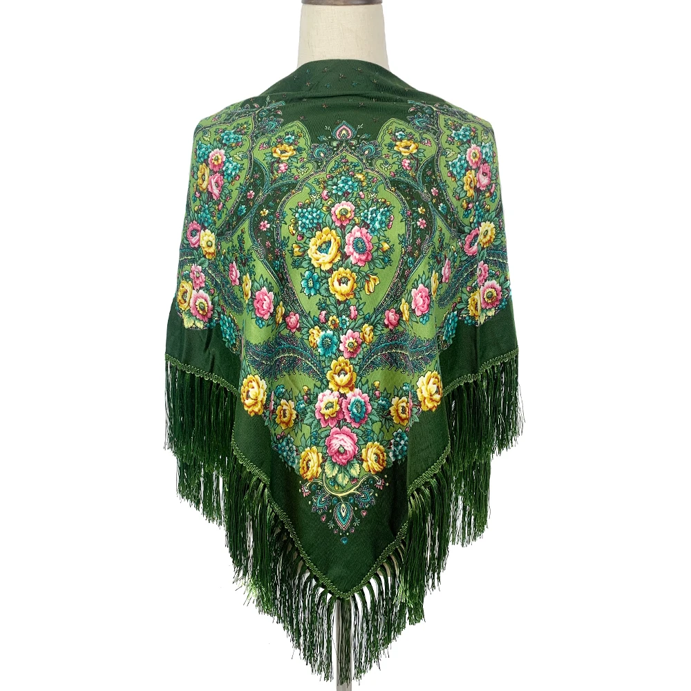 115*115cm Women Russian Style Floral Print Square Scarf Shawl Retro Fringed Scarves Wraps Ethnic Shawls Bandana Handkerchief