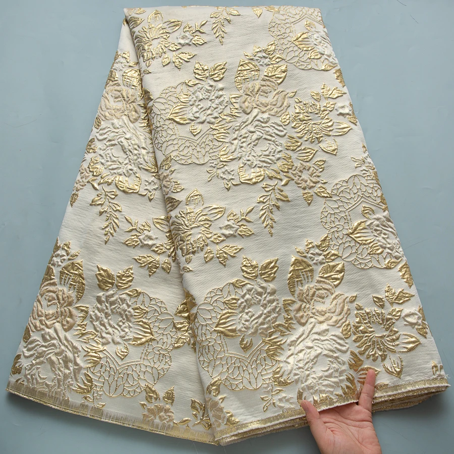 Luxuriöser goldener Jacquard-Satinbesatzstoff – afrikanische Blumen-Jacquard-Satin-Spitze – hochwertiges Hochzeits-/Innendekorationsmaterial