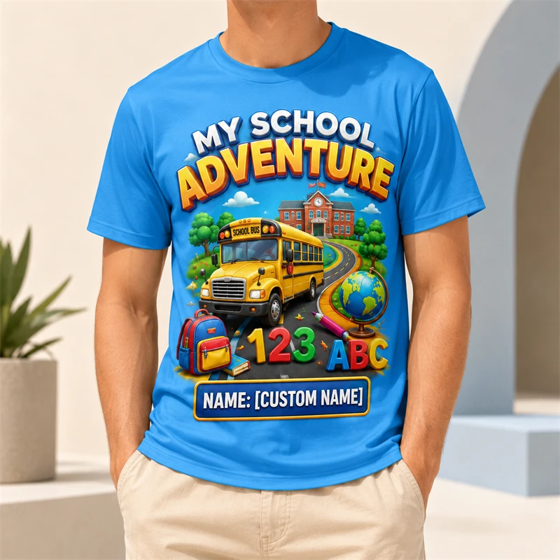 My School Adventure Custom Name 3d Print T Shirt Men School Bus Book Pattern Short Sleeve Kids Back To School Casual Tees Unisex