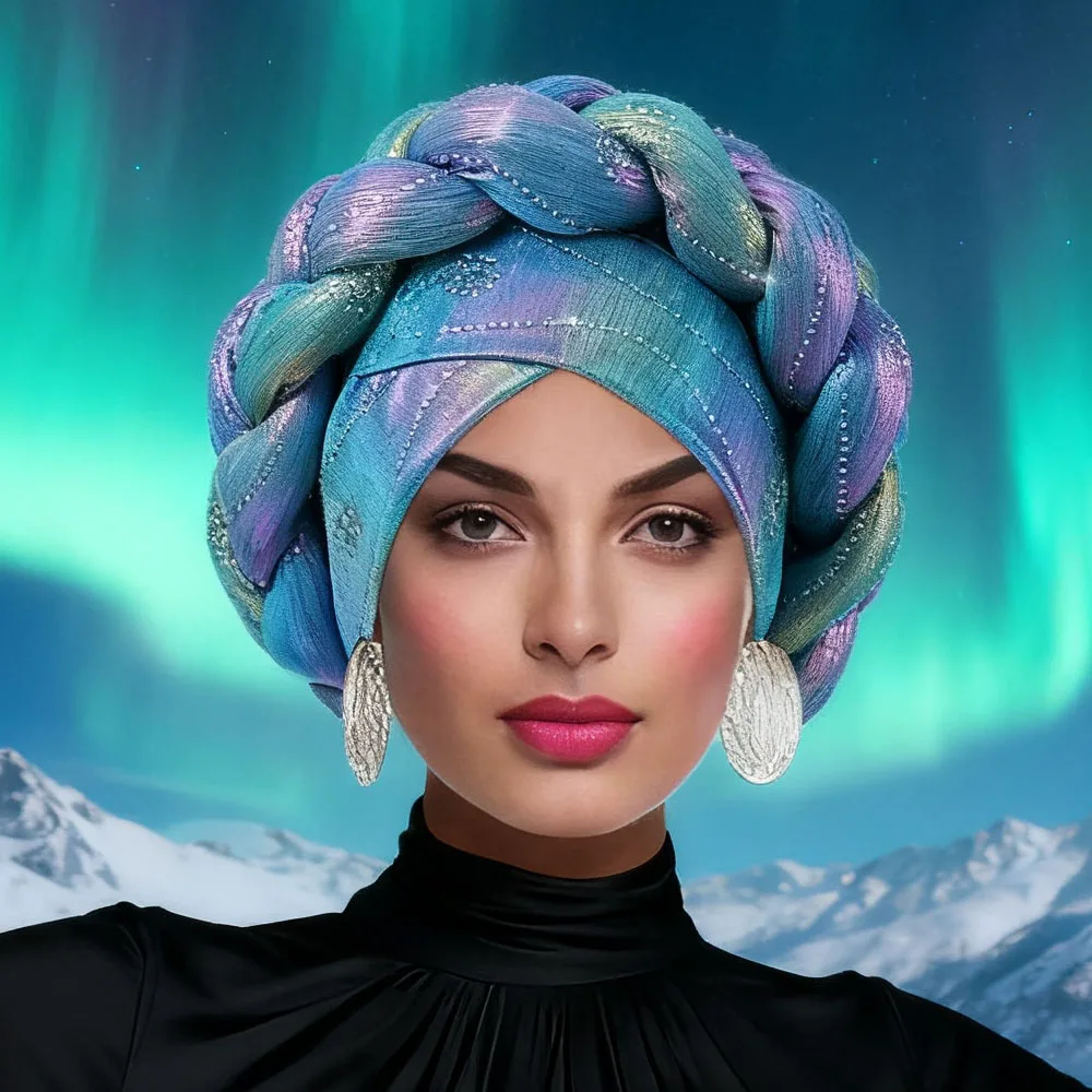 

Лазерный цветной тюрбан для женщин, коса, хиджаб, мусульманский платок, африканский автогеле, головной убор, нигерийский свадебный гелевый капот, повязка на голову