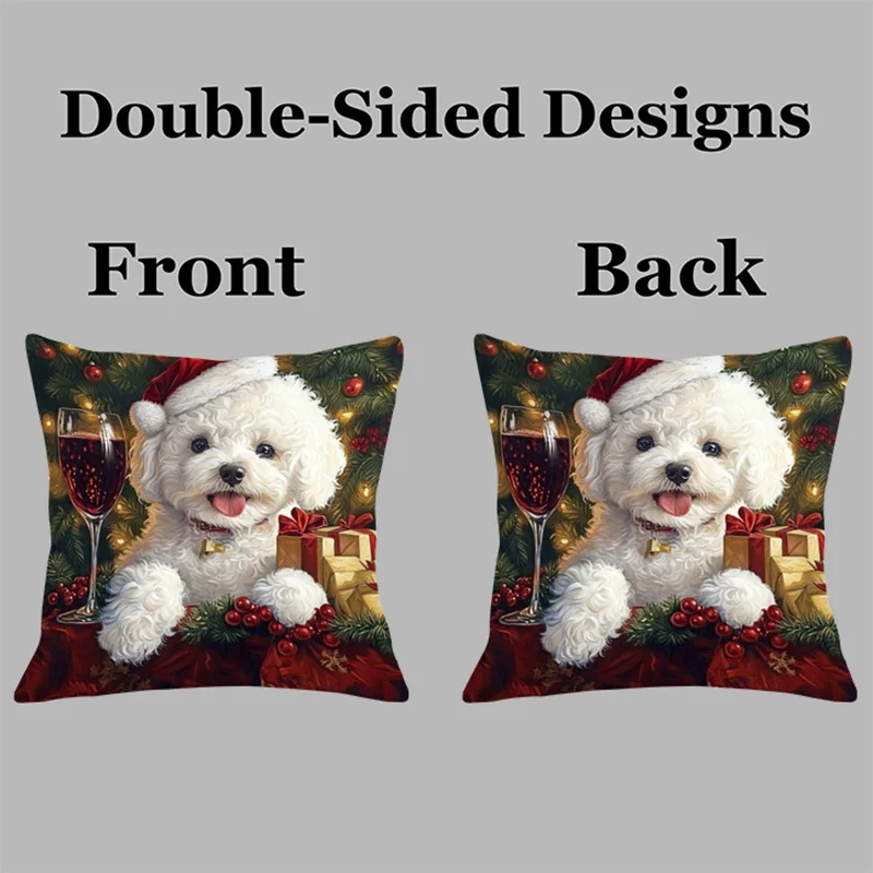 Bichon Frise Wine Christmas Double Sided Pillowcase Zip Closure Living Room Bedroom Decor Cushion Case