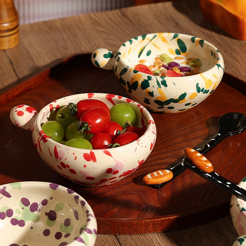 5 Inch Ceramic Splash-ink Bowl New Household Underglaze Color Creative Dining Tableware Aesthetic Handle Light Luxury Salad Bowl