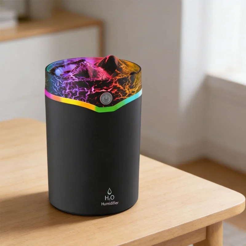 USB Triple Spray Quiet Volcano Desktop Humidifier Portable Mini With Colorful Light For Home Office Black