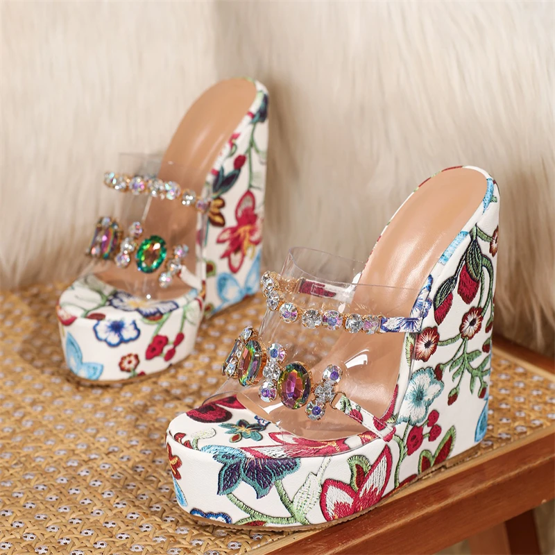 Eilyken PVC Transparente Kristall-Diamant-Damenpantoletten im Design-Stil mit Stickerei, Plateau-Keilabsatz, High Heels Schuhe