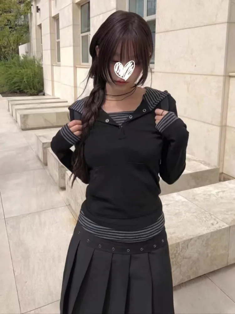 Koszulka w stylu koreańskim INS z paskami i patchworkiem, zapinana na guziki, z kapturem, z długim rękawem, damska, nowa kolekcja jesień-zima, casualowa, dopasowana.