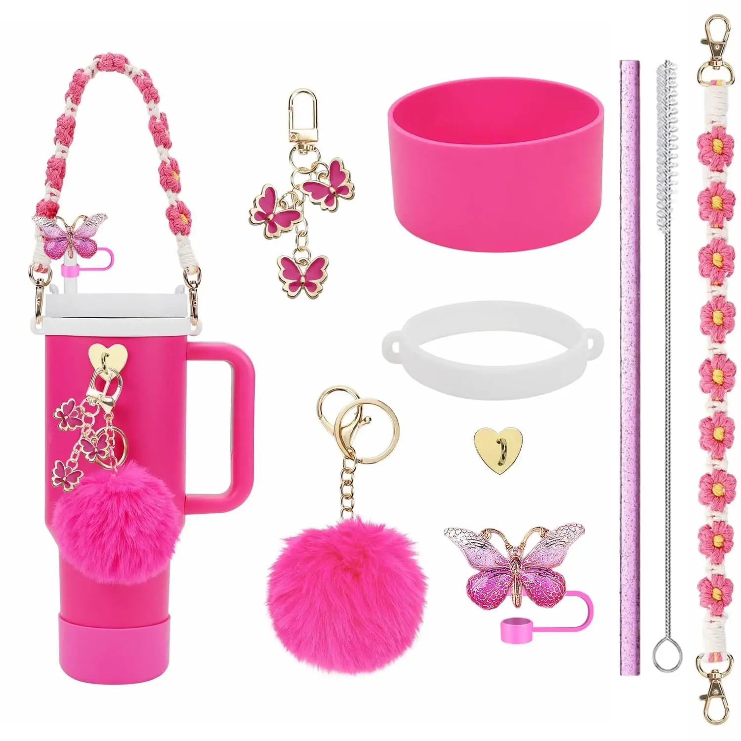 Para el set de accesorios Stanley - Cadena de flores, mariposa degradada, topper para popote, llavero de pompón, ¡Nueva llegada!