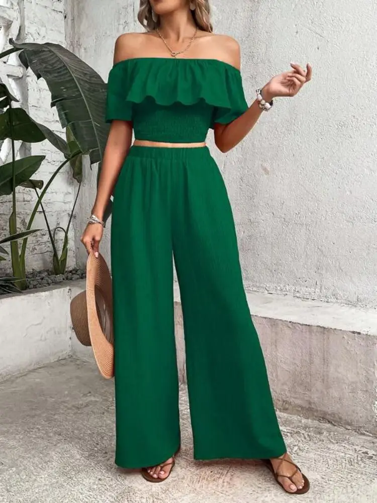 Summer new casual temperament commuter solid color one line shoulder blazer solid color wide leg pants