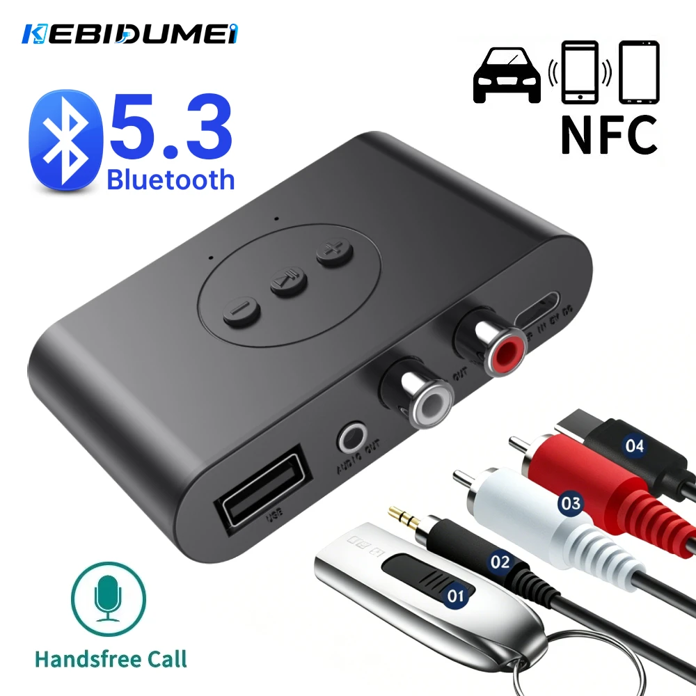 KEBIDUMEI NFC Bluetooth 5.3 Empfänger U Disk RCA 3,5mm AUX-Buchse Stereo Musik Wireless Audio Adapter für Auto Kit Lautsprecher TV