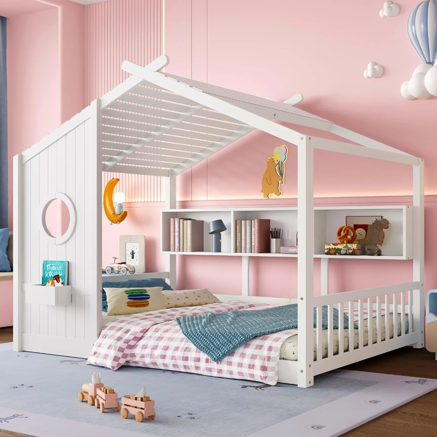 

Детская кровать-домик полноразмерная с крышей и окном, деревянная кровать-игровая комната с полками для хранения для спальни, на заказ