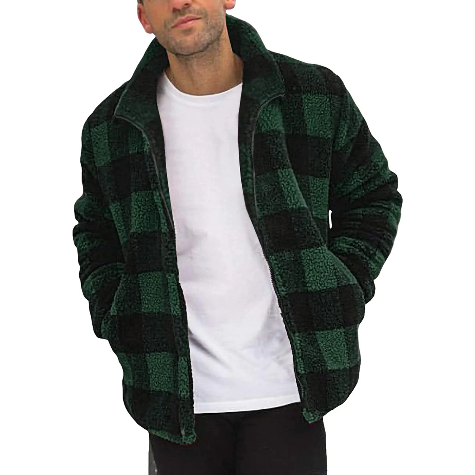 Chaqueta polar de manga larga para hombre, abrigo cálido con cuello de pie y cremallera, color sólido, informal, invierno, novedad de 2024