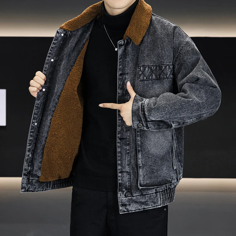 Jaket Denim Lapis Sherpa Fleece Musim Gugur Musim Dingin 2025 Pria Kasual Tebal Mantel Jeans Streetwear Koboi Bulu Hangat Atasan Pakaian