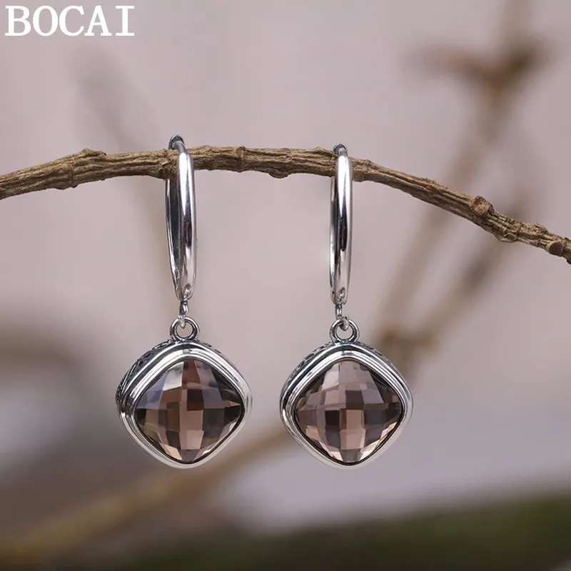 

BOCAI New S925 Sterling Silver Jewelry Vintage Fashion Square Tea Crystal Earrings Women's Selected Gift