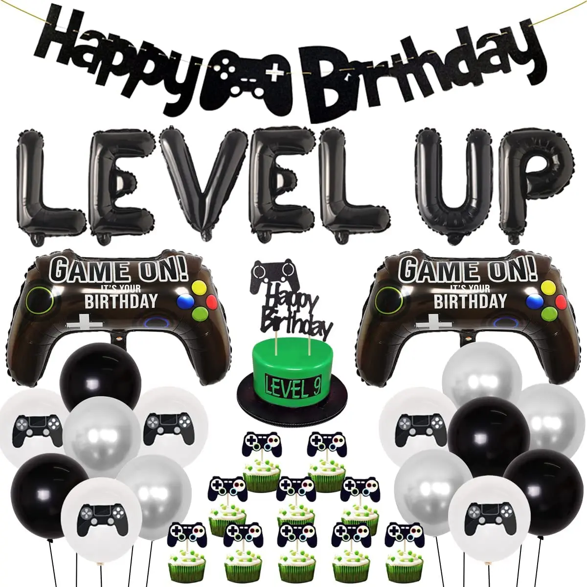 

Sursurprise Video Game Birthday Decorations, Level Up Party Supplies, Game on Foil Balloons ,Cake Toppers ,Happy Birthday Banner