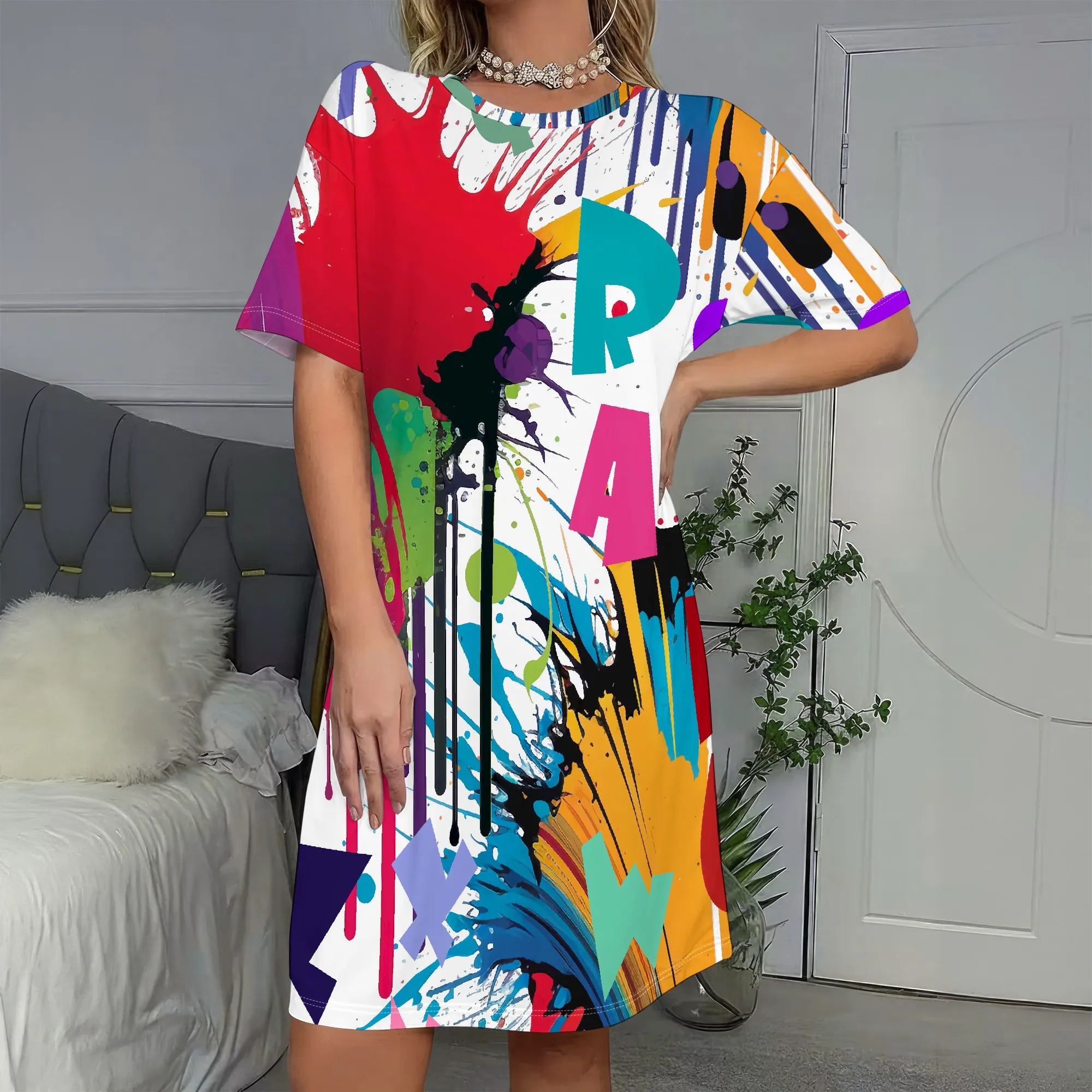 

Graffiti Print,Short Sleeve Dress,Colorful Splatter Art Tee Dress,Vibrant Streetwear Fashion Tunic,Casual Summer Wear,S-2XL