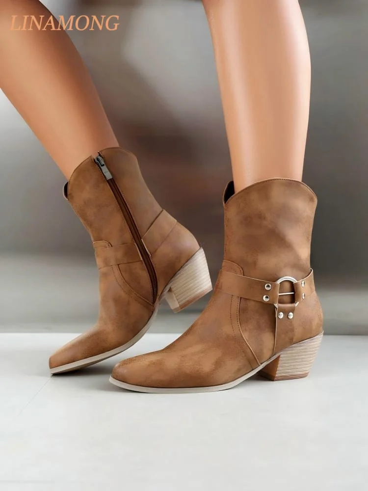 Female Retro Slim Pointed Toe Western Ankle Booties Supple Matte Distressed Leather Decorative Metal Ring Rivet Zip Short Boots