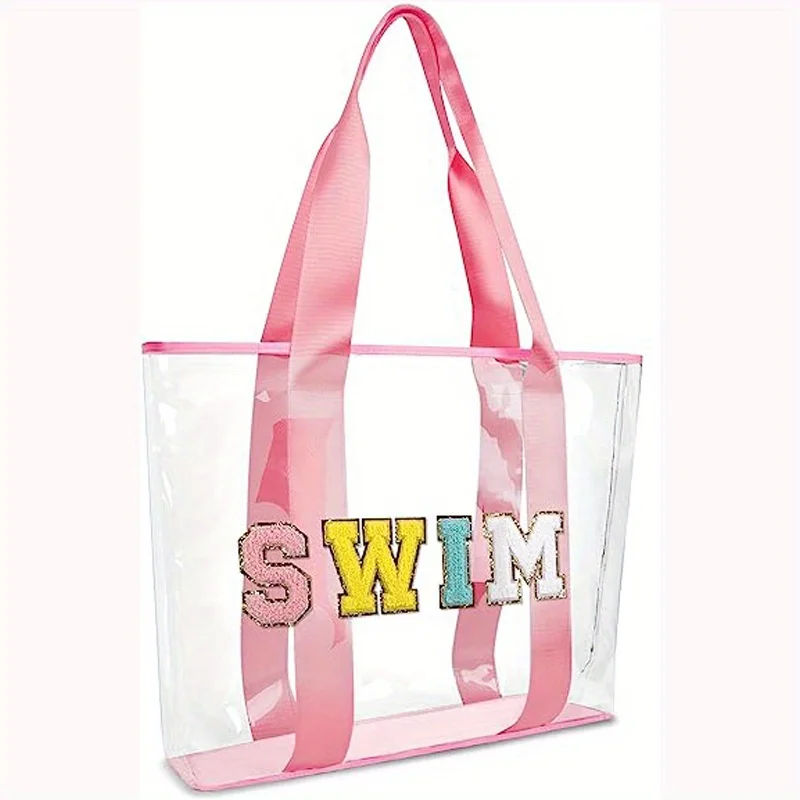 Sac fourre-tout en chenille rose grande capacité pour femme, patchs de plage transparents, lettre universitaire, sac de voyage transparent avec détection de natation