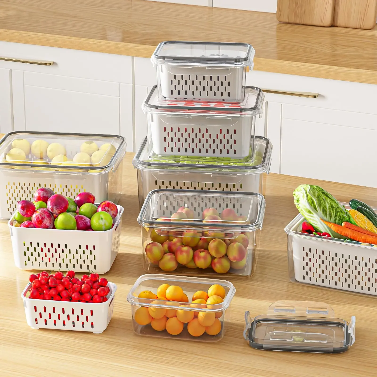 3/4/5 PCS Fruit Containers for Fridge Leakproof Food Storage Containers with Removable Colander Vegetable Fruit Drain Box