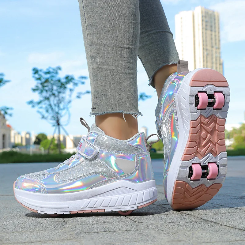 

Boys Girls Rage Shoes Four Wheel Student Edition Kids Roller Skating Shoes with Retractable Wheels Adult Walking Skating Shoe