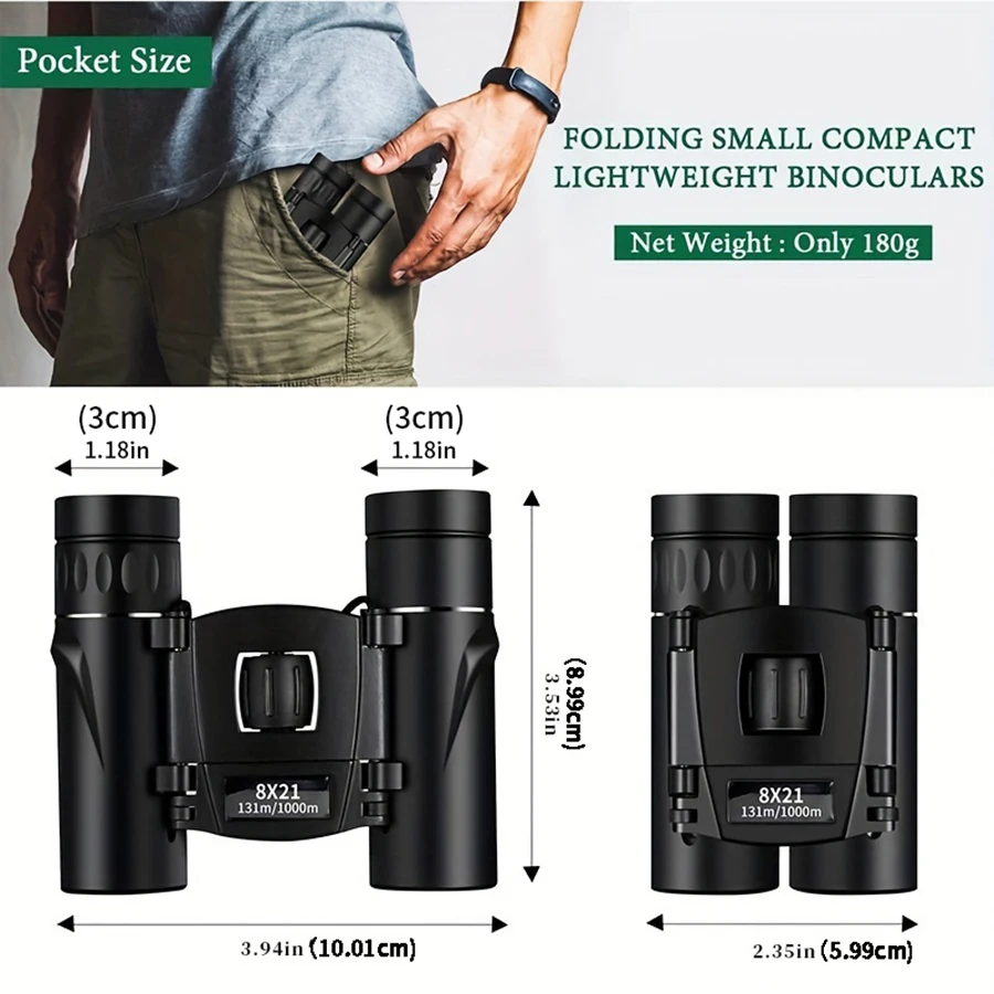 Binoculars 8x21 HD Imaging Adjustable Zoom Pocket Designed for Travel, Hiking, Birdwatching and Concerts
