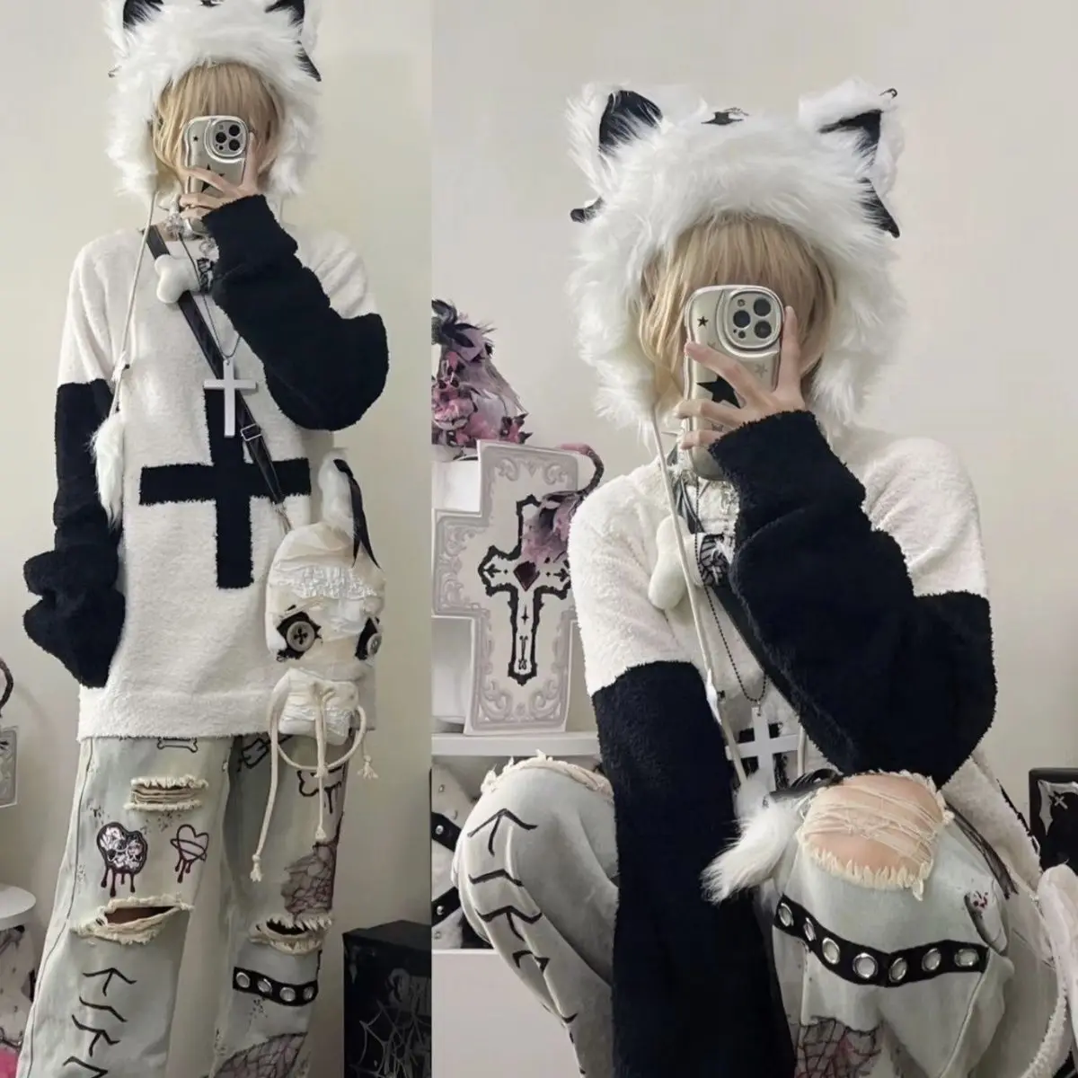 原宿パンクプルオーバー Y2k トップス女性服コントラストカラーカジュアルファッションジャンパーストリートカジュアルファッションニットセーター