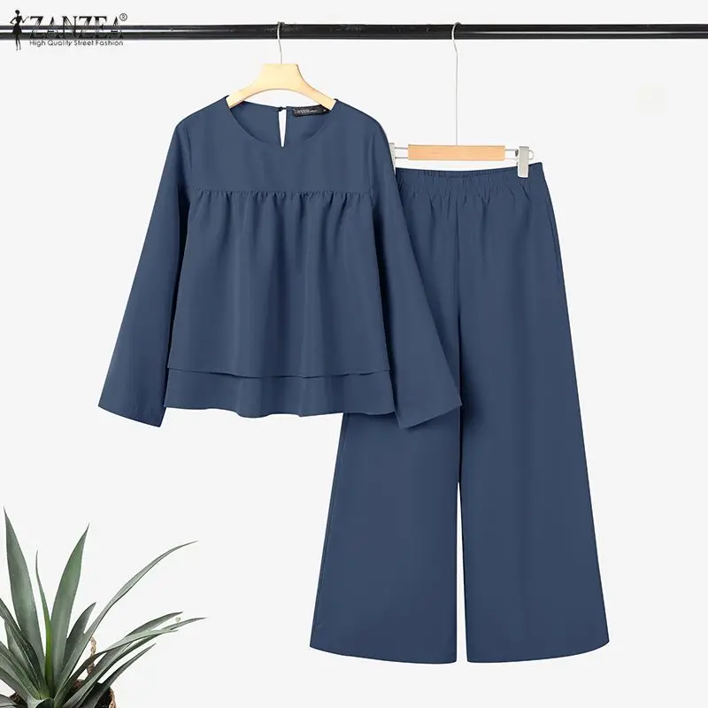 

2026 ZANZEA Модные женские брюки, блузка с круглым вырезом и длинными рукавами, широкие брюки, комплект из 2 предметов, элегантная офисная женская уличная одежда, 2 шт.