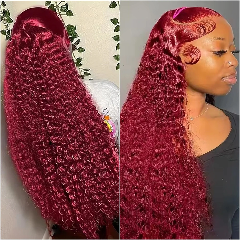 

40 дюймов Бордовый 99J Глубокая волна 13x6 Парик фронта шнурка Цветные вьющиеся человеческие волосы 200% Плотность Предварительно выщипанные 13x4 Hd Парики фронта шнурка