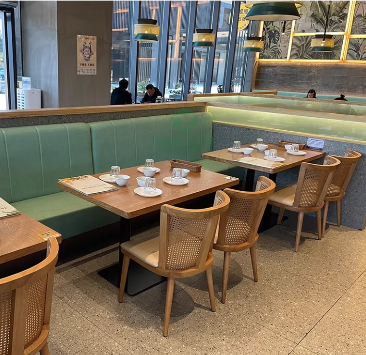 

/Commercial table and chair combination retro solid wood rattan restaurant dining chair table set