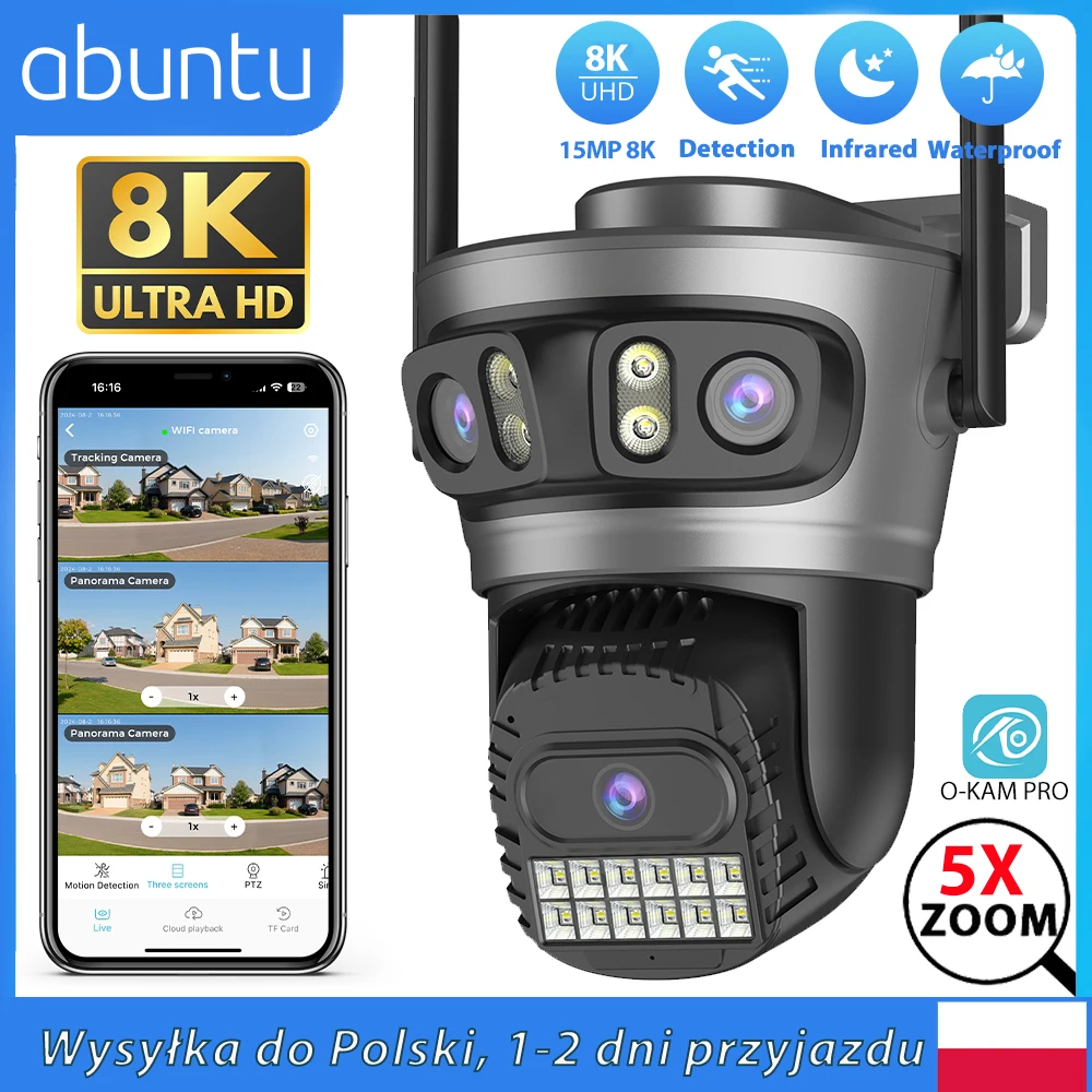 Kamera PTZ Wifi 15MP 8K z Trzema Obiektywami i Trzema Ekranami, Zewnętrzna Kamera Monitoringu z Wykrywaniem Ludzi, Powiadomieniami Push i Ochroną Bezpieczeństwa Domu