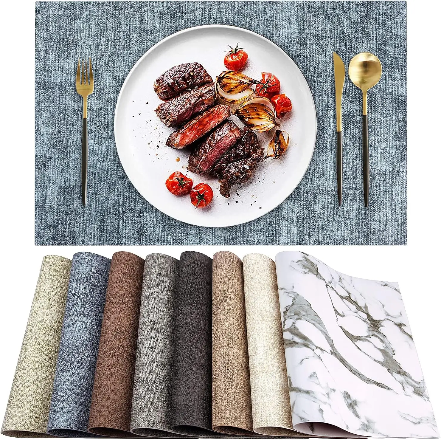 

Heat Resistant Placemats Set of 6 Waterproof Wipeable Washable PU Table Mats,Easy to Clean Anti-Slip Place Mats (Blue, 6)