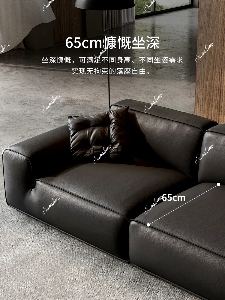 Big black cow Italian minimalist leather sofa living room first layer cowhide tofu block modern  FT