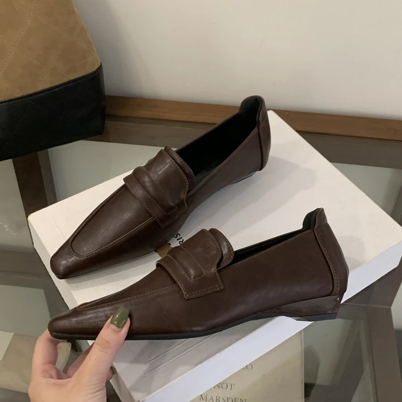 

elevator Shoes woman leather wedges pump luxury square toe loafers shallow slip on slides low heels mules black khaki brown