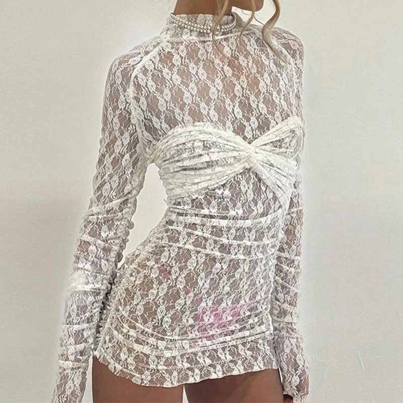 BKLD Women 2024 Spring Autumn Long Sleeve Party Club Sexy Fashion Lace White Transparent Floral Sheer Cover-up Ruched Mini Dress