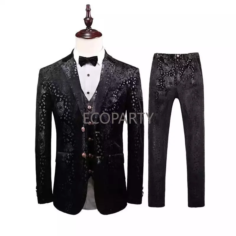 

2023 Spring M-5XL (jacket+pant+vest) Men's Casual Three-piece Suits Spring and Autumn New Leopard Black Slim Wedding Suit Formal