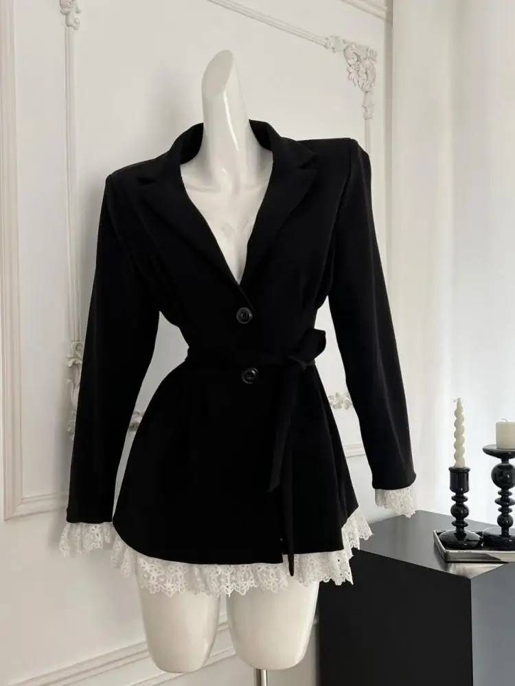

Vintage French New Women Black Patchwork Lace Single Breasted Bandage Blazer Jacket Autumn Winter Sweet Temperament Tops Fashion