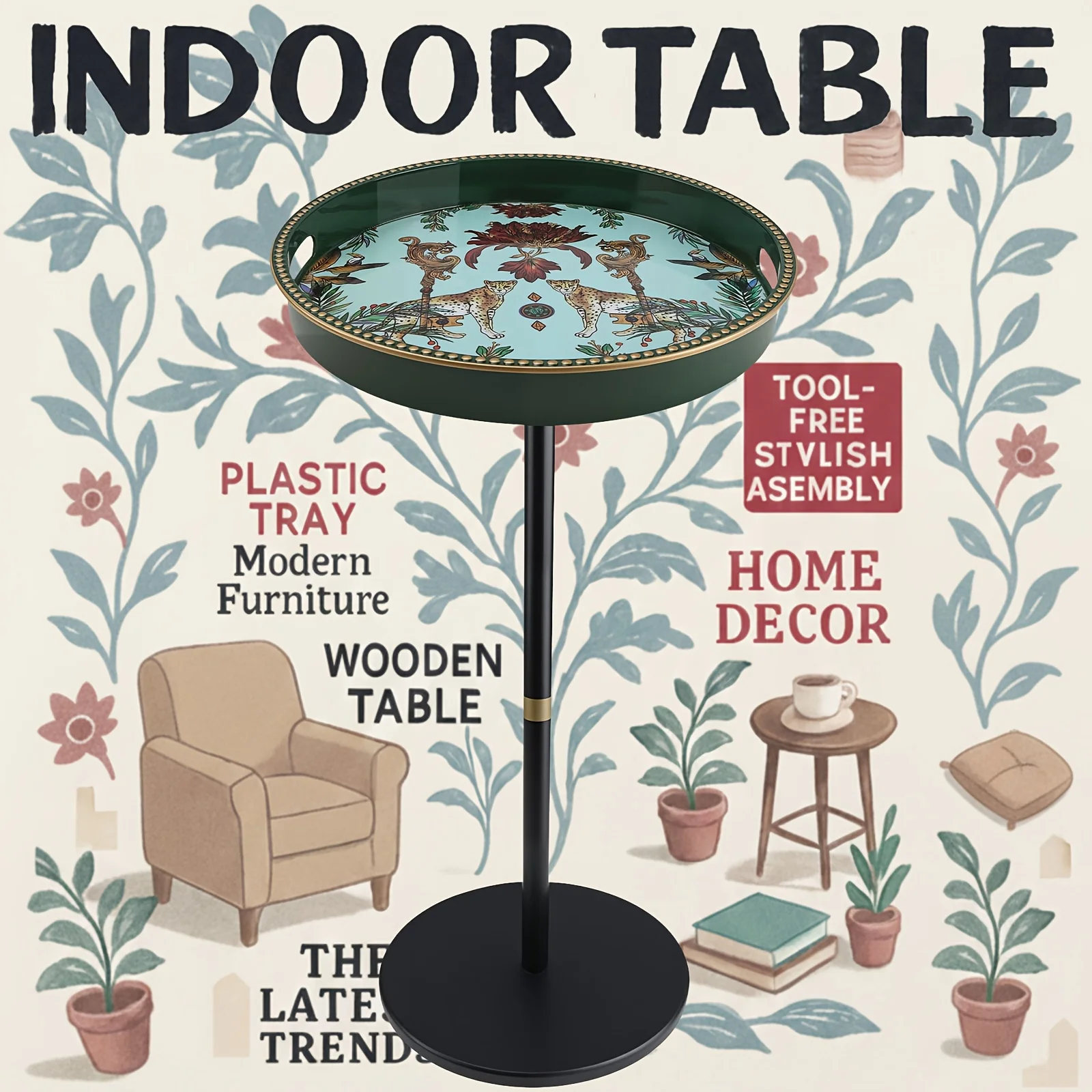 

Round Side Table, Compact Drink Table with Tray Top, Modern-style Bedside Table with Solid Wood Legs for Living Rooms, Bedrooms